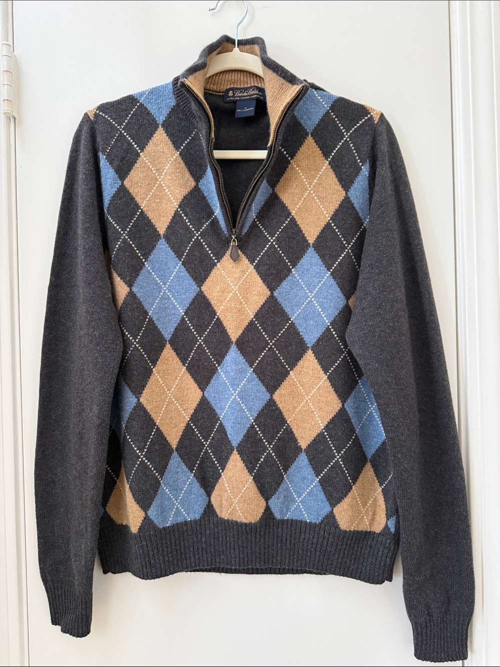Brooks Brothers Charcoal Argyle Zip Sweater with Blue & Tan Diamonds, Size M